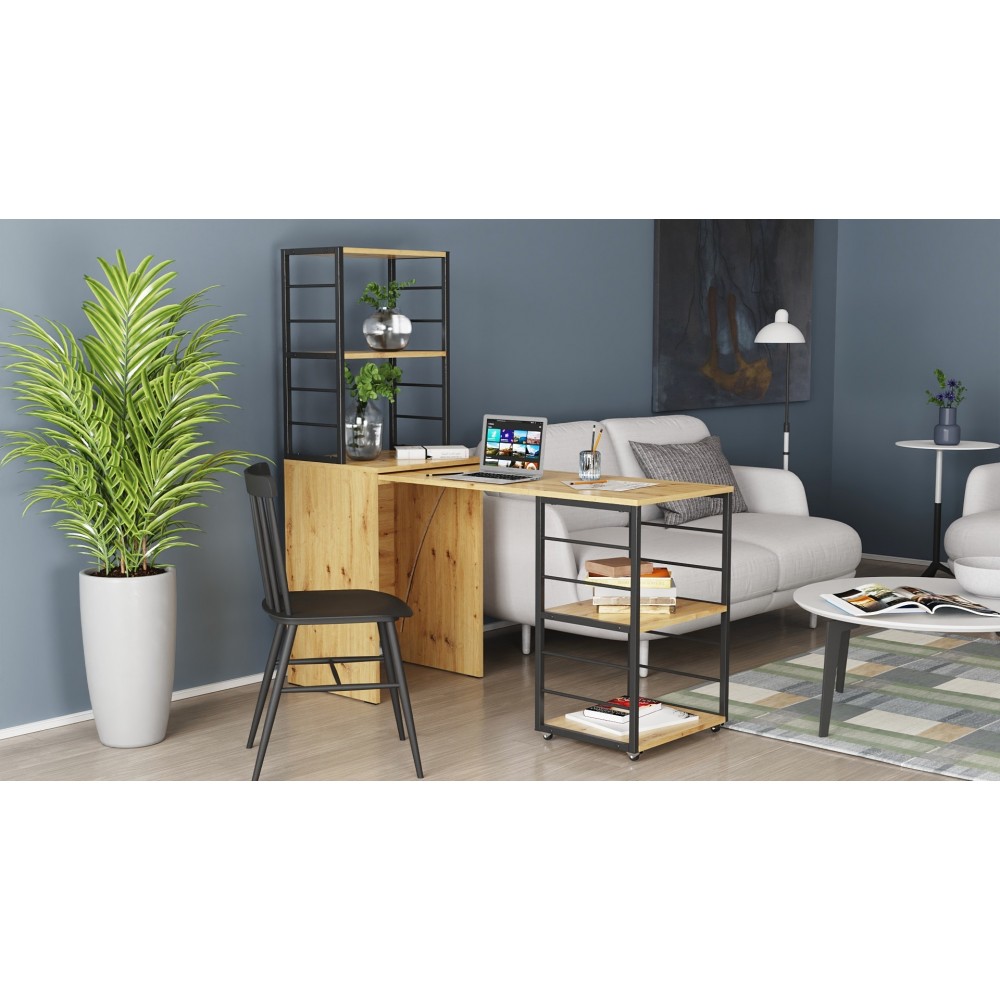 Стол-тумба трансформер Смарт 3/1 с этажеркой Ferrum-decor 1430x1450x500 Черный металл ДСП Дуб Артизан 16 мм (FRD-105114)