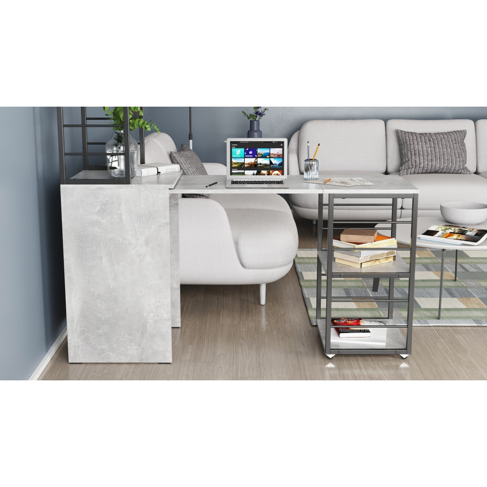 Стол-тумба трансформер Смарт 3/1 с этажеркой Ferrum-decor 1430x1450x500 Черный металл ДСП Бетон 16 мм (FRD-105115)