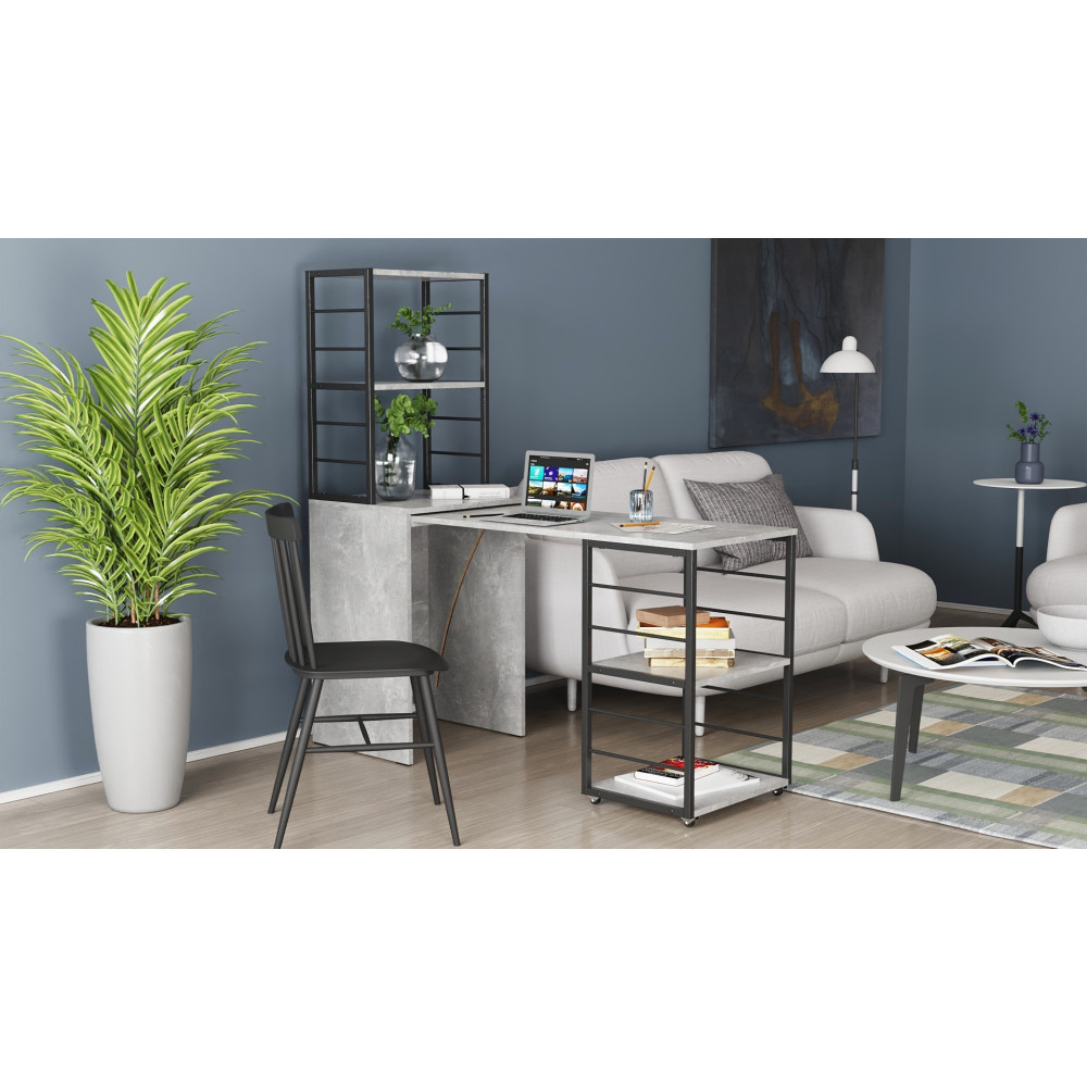 Стол-тумба трансформер Смарт 3/1 с этажеркой Ferrum-decor 1430x1450x500 Черный металл ДСП Бетон 16 мм (FRD-105115)