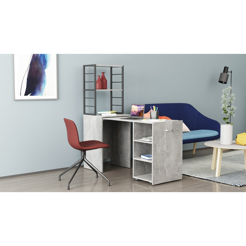 Стол-тумба трансформер Смарт 4/2 с этажеркой Ferrum-decor 1430x1450x600 Черный металл ДСП Бетон 16 мм (FRD-105135)