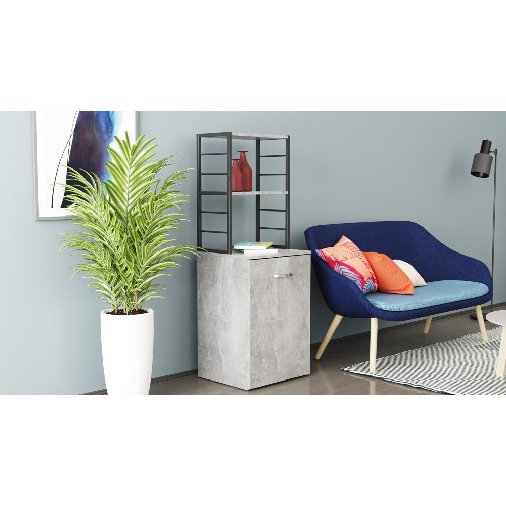 Стол-тумба трансформер Смарт 4/2 с этажеркой Ferrum-decor 1430x1450x600 Черный металл ДСП Бетон 16 мм (FRD-105135)