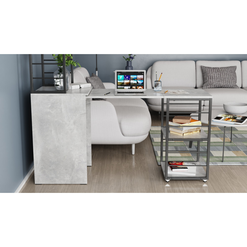 Стол-тумба трансформер Смарт 3/1 с этажеркой Ferrum-decor 1430x1450x500 Черный металл ДСП Бетон 16 мм (FRD-105115)