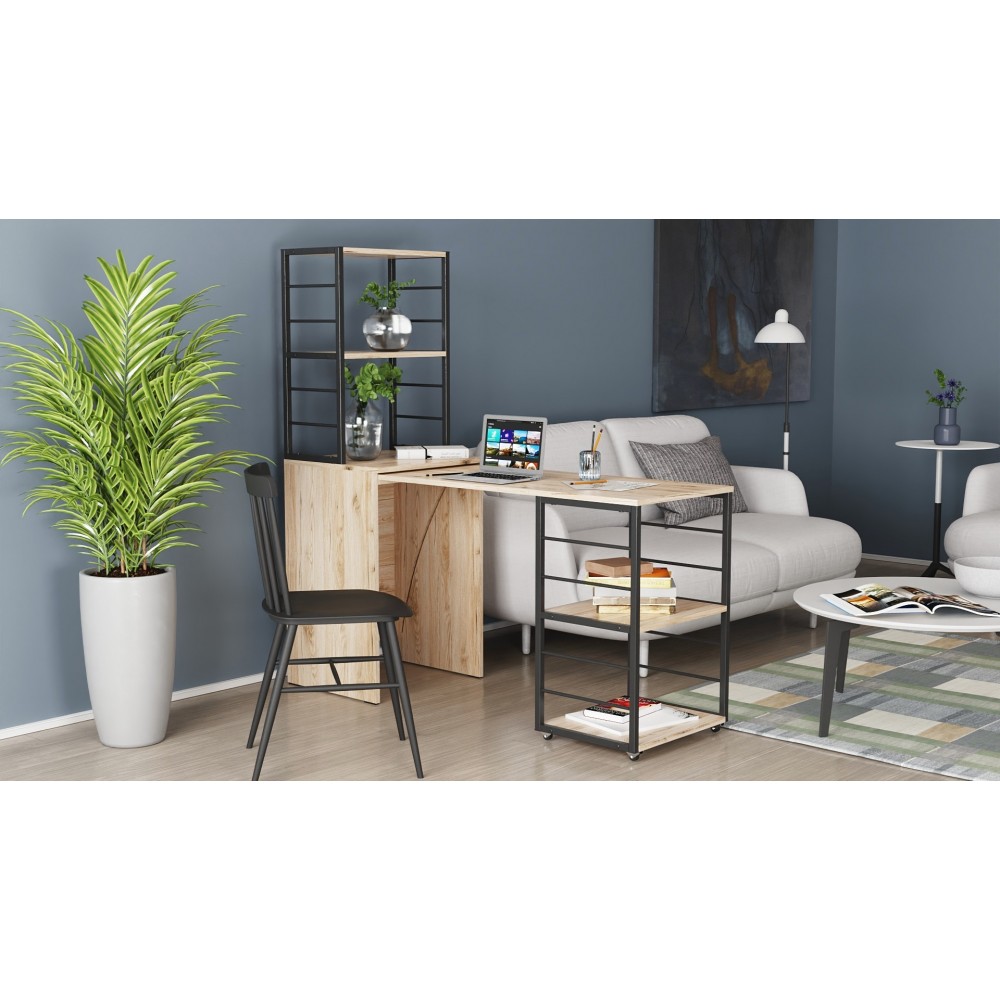 Стол-тумба трансформер Смарт 3/2 с этажеркой Ferrum-decor 1430x1450x600 Черный металл ДСП Дуб Сан-Марино 16 мм (FRD-105117)