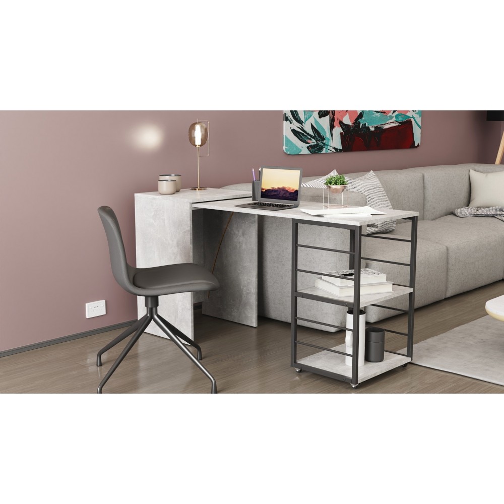 Стол-тумба трансформер Смарт 2/2 Ferrum-decor 750x1450x600 Черный металл ДСП Бетон 16 мм (FRD-105108)