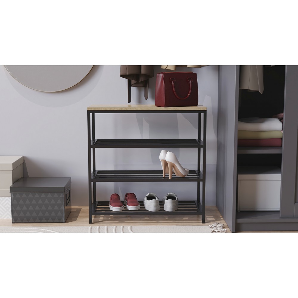 Полка для обуви Слайм 3 Ferrum-decor 635x630x260 Черный металл ДСП Дуб Сонома 16 мм (FRD-105158)