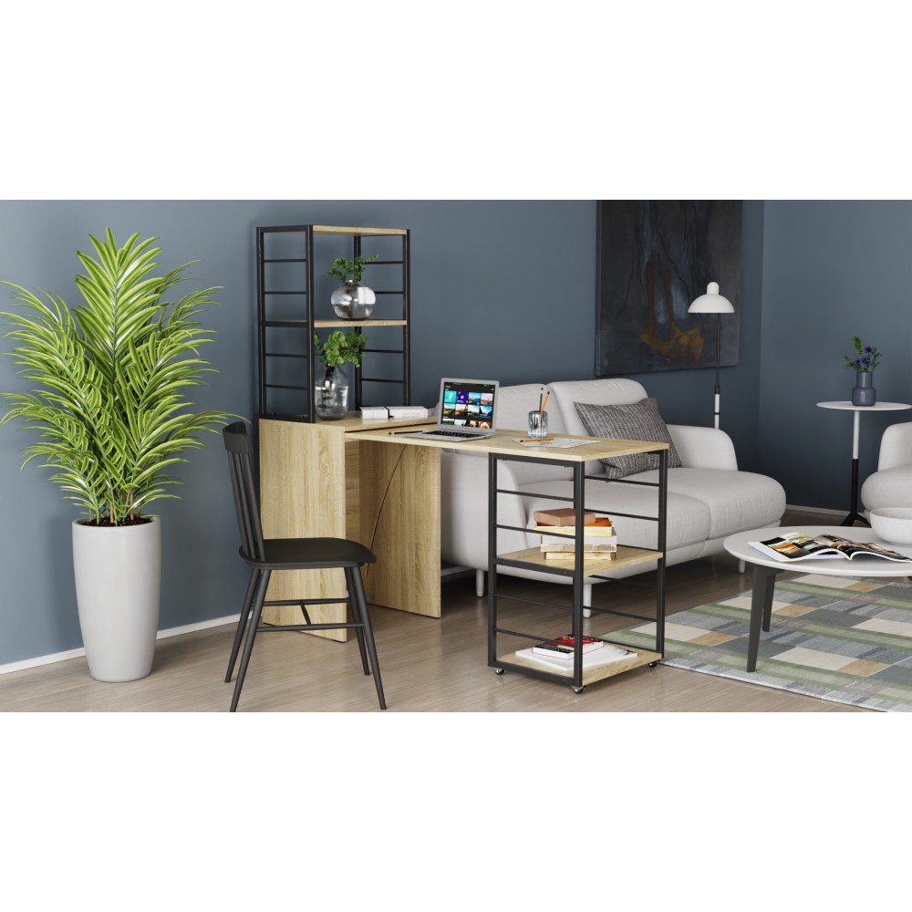 Стол-тумба трансформер Смарт 3/2 с этажеркой Ferrum-decor 1430x1450x600 Черный металл ДСП Дуб Сонома 16 мм (FRD-105119)