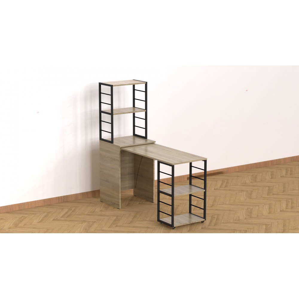 Стол-тумба трансформер Смарт 3/2 с этажеркой Ferrum-decor 1430x1450x600 Черный металл ДСП Дуб Сонома 16 мм (FRD-105119)