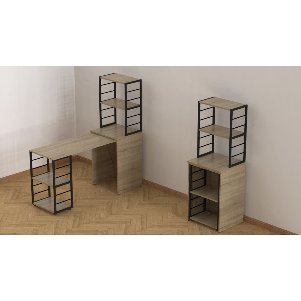 Стол-тумба трансформер Смарт 3/2 с этажеркой Ferrum-decor 1430x1450x600 Черный металл ДСП Дуб Сонома 16 мм (FRD-105119)