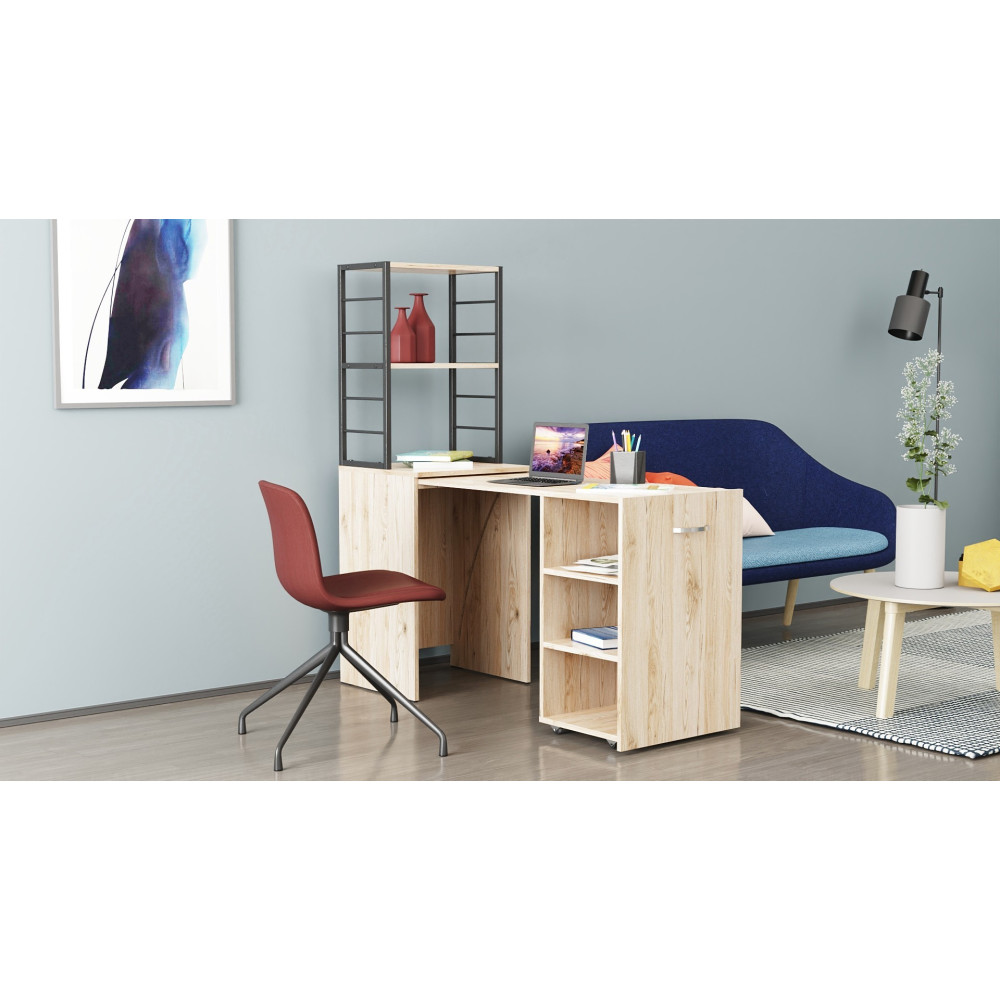 Стол-тумба трансформер Смарт 4/2 с этажеркой Ferrum-decor 1430x1450x600 Черный металл ДСП Дуб Сан-Марино 16 мм (FRD-105131)
