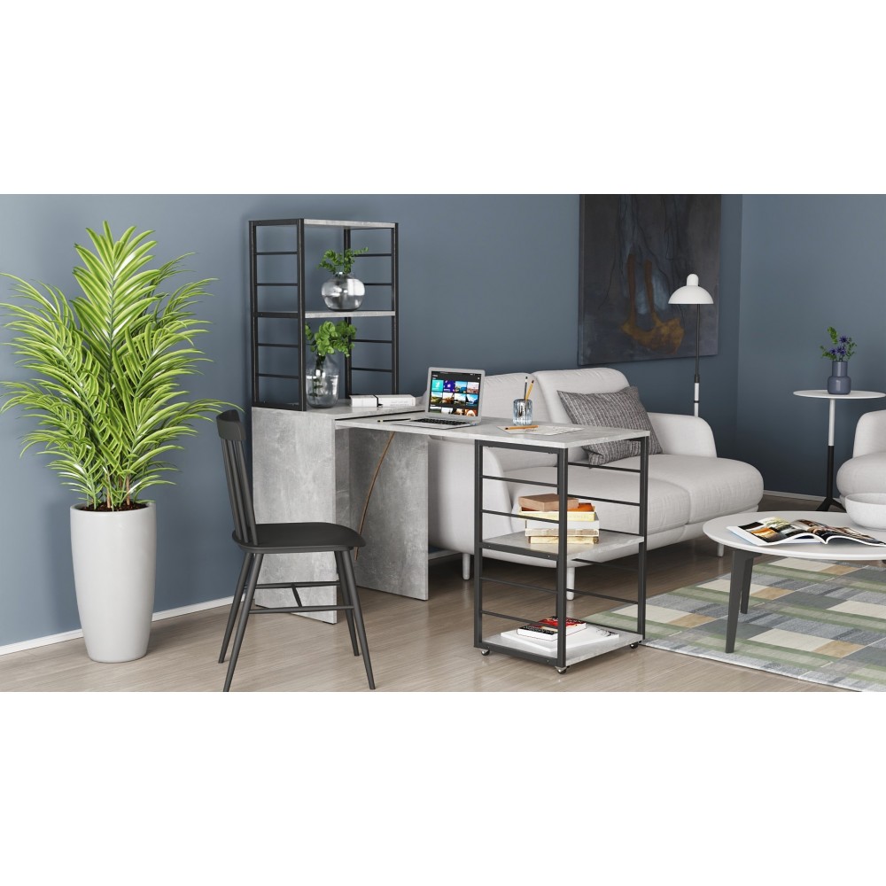 Стол-тумба трансформер Смарт 3/2 с этажеркой Ferrum-decor 1430x1450x600 Черный металл ДСП Бетон 16 мм (FRD-105122)