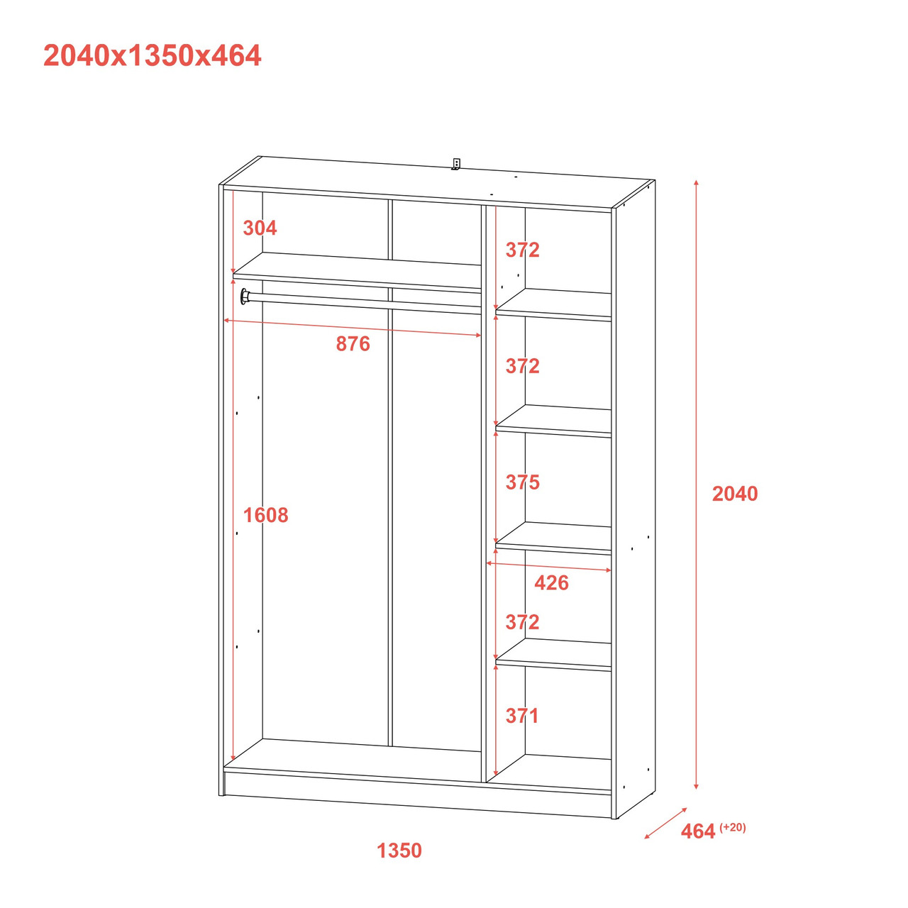 Шафа для одягу Doros Промо Антрацит 3 ДСП 135х48х204 (44900524) (DRS-012157)