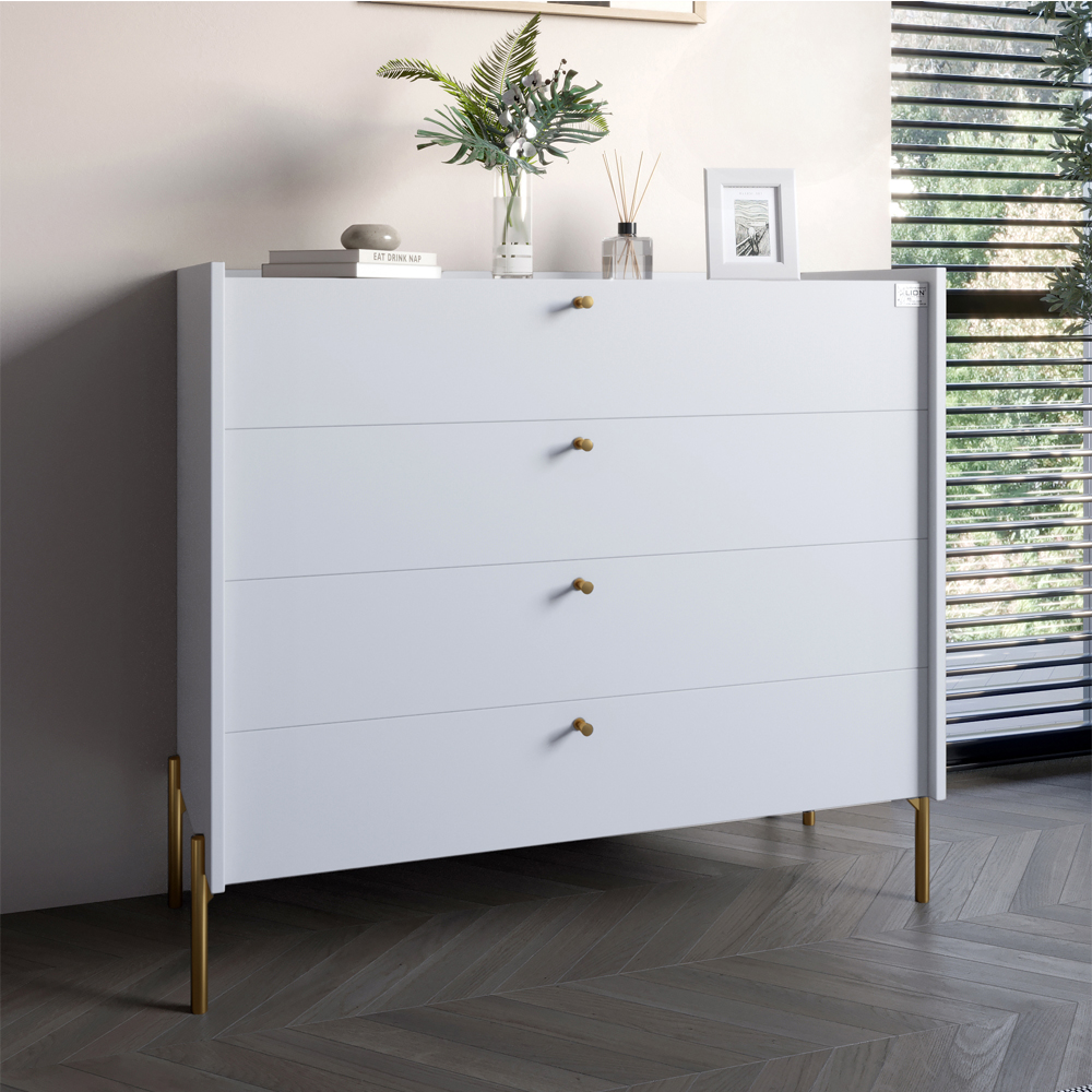 Комод із 4 шухлядами LION Wood із золотими ніжками 100х90х45 см Німфея Альба (білий) (LION-042969) ТОП